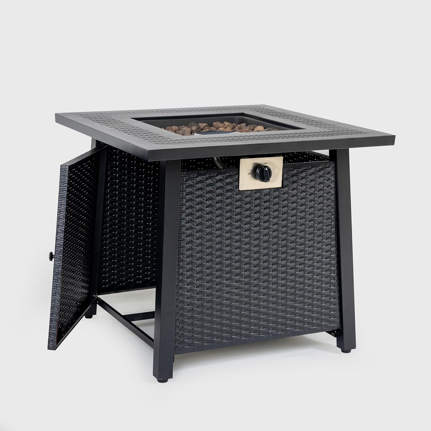 Outdoor Gas Fire Pit Table, 28-inch Square, Wicker Pattern Base, Black