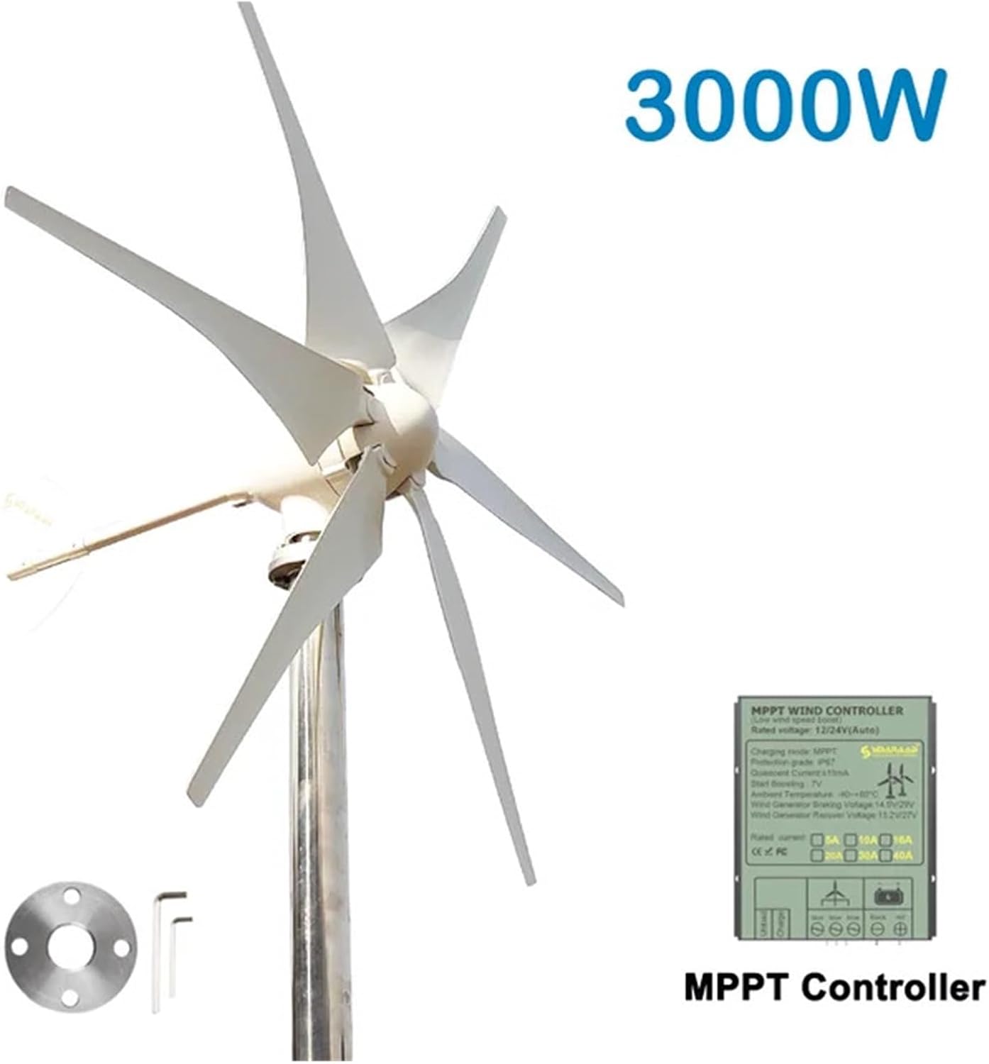 3000w Wind Turbine Generator 3KW Windmill 12v 24v 48V Home Appliance Camping Power Generator with MPPT Controller for Home, Farm, RVs, Boats(Hybrid Control,24V_3000W)