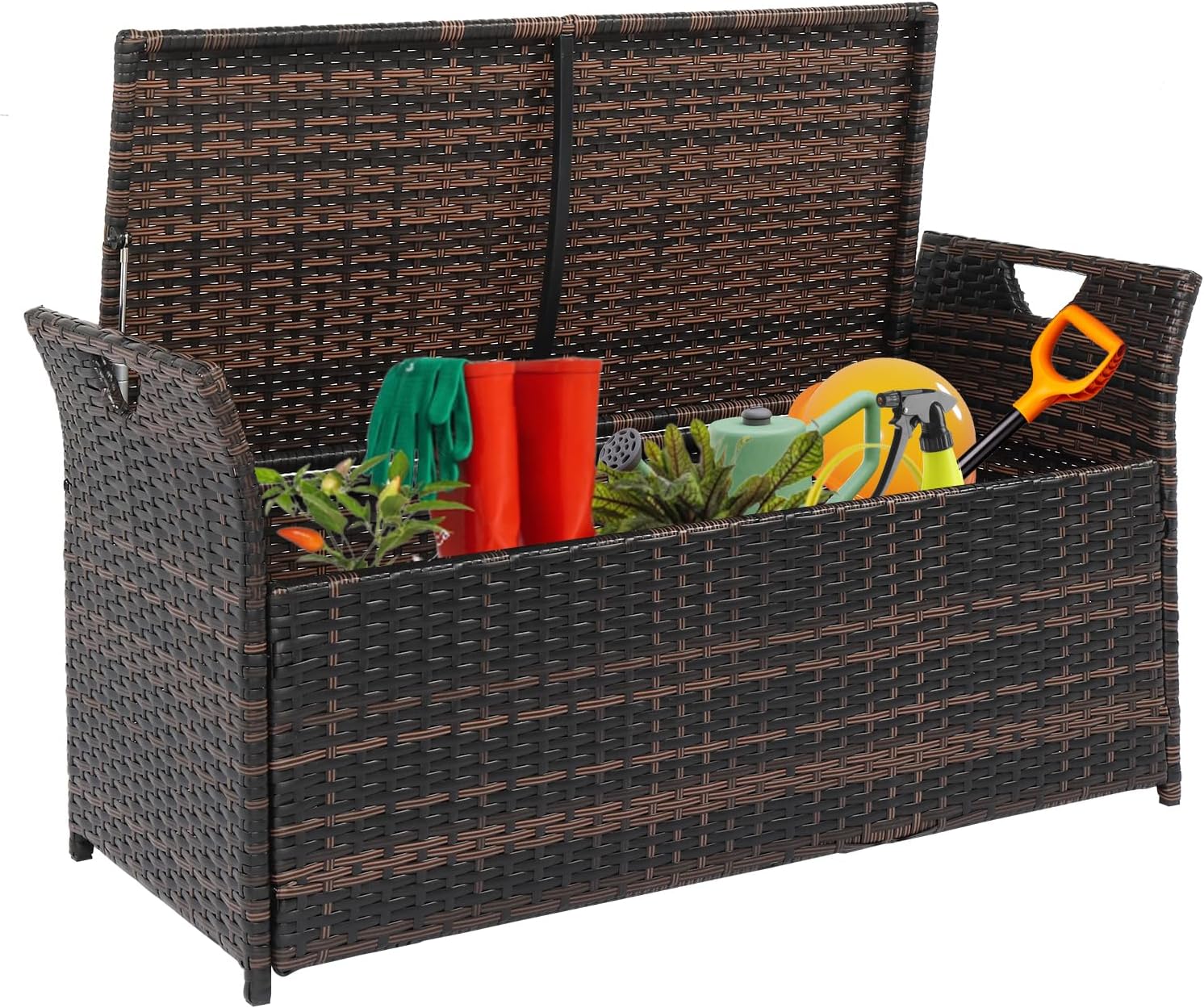 33 Gallon Outdoor Storage Box with Cushion, Patio Storage Bench Outdoor Waterproof Patio Storage Box for Lawn Porch Poolside Deck, Brown