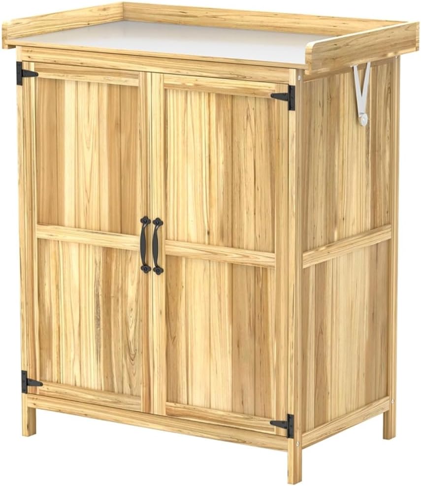 Outdoor Storage Cabinet, Natural Wood, Fir Wood with Stainless Steel Top, 29.1x16.9x34.6 Inch, Double Door Design, Garden Tool Shed with Workbench