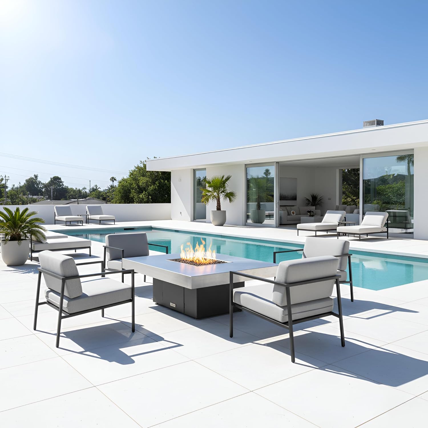 COOKE Santa Barbara Rectangular Fire Pit Table - 48 x 36 - Natural Gas - Brushed Aluminum Top - Grey Texture Powdercoat Base