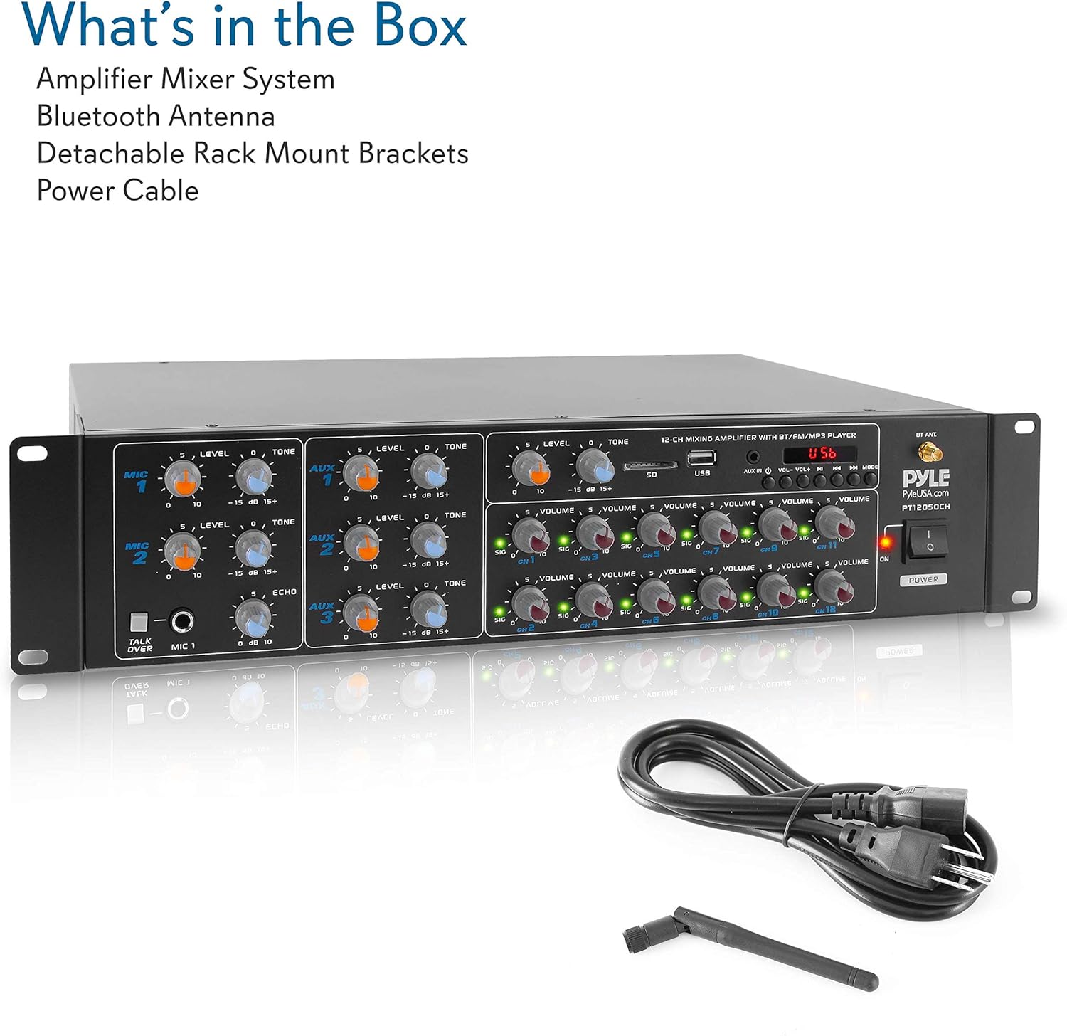 Pyle 12-Channel Wireless Bluetooth Power Amplifier - 6000 Watts Maximum Power Output, Multi-Zone Audio Source Mixer Receiver with USB, SD, AUX Inputs, and Digital LED Display Panel - PT12050CH.5