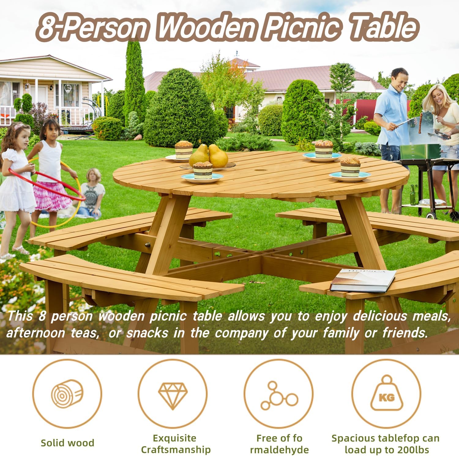 8 Person Picnic Table, Wood Outdoor Round Table and Bench Set with 4 Built-in Benches & Umbrella Hole for Garden, Backyard, Porch & Patio, 500lbs Capacity Per Bench (Natural)