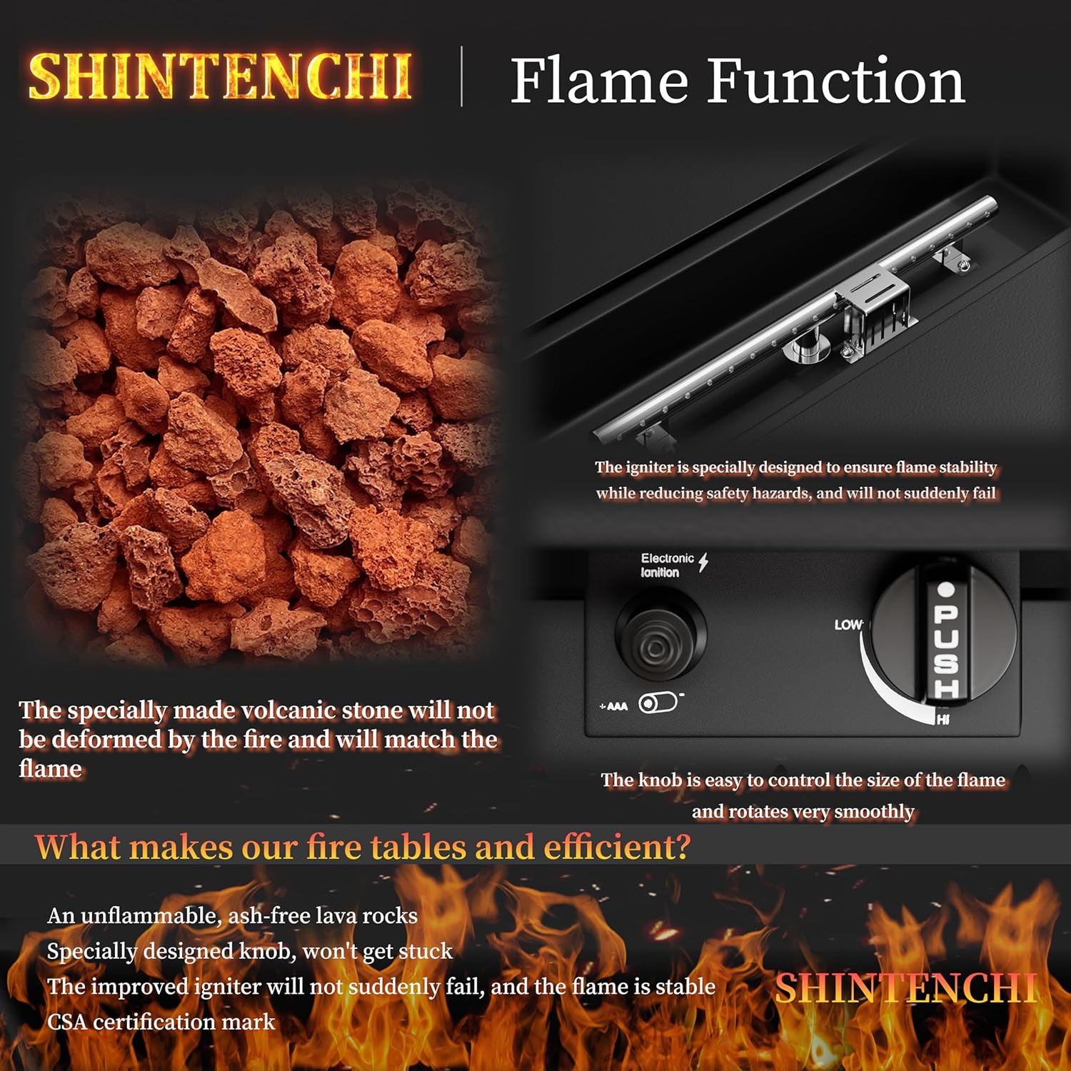 Shintenchi 43 Inch Outdoor Propane Fire Pit, 50,000 BTU Outdoor Fire Table, CSA-Certified Steel Propane Fire Pit with Lid and Lava Rock for Garden, Yard, Camping, Pool Use, Black