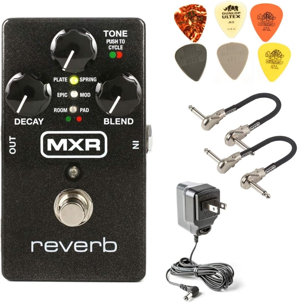 MXR M300 Reverb Analog Guitar Effects Pedal Bundle with 2 MXR Patch Cables, 6 Dunlop Picks, and 9V Power Supply