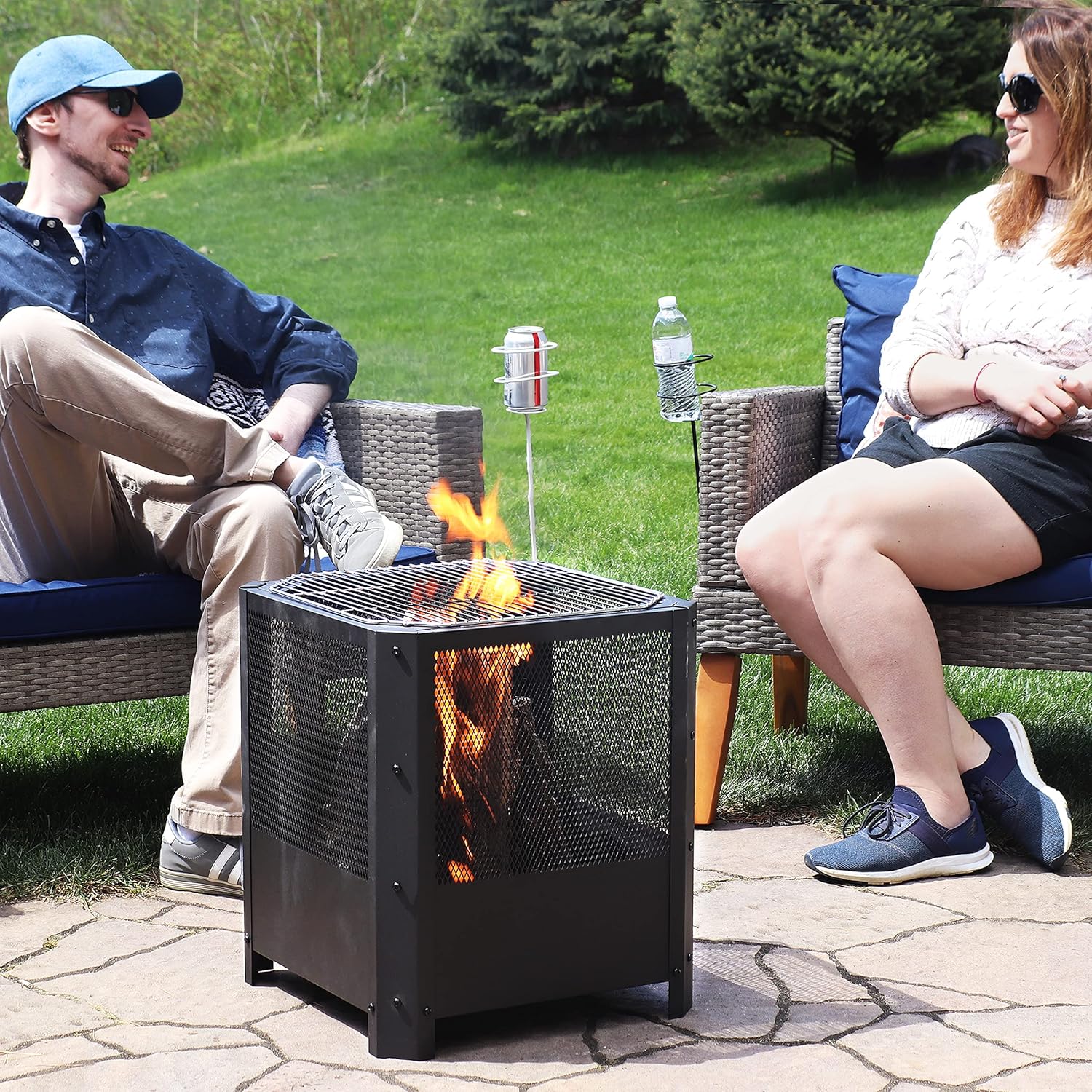 Sunnydaze Grelha 16-Inch Steel Outdoor Fire Pit with Grill - Square Wood-Burning Fire Pit for Outside - Black Finish