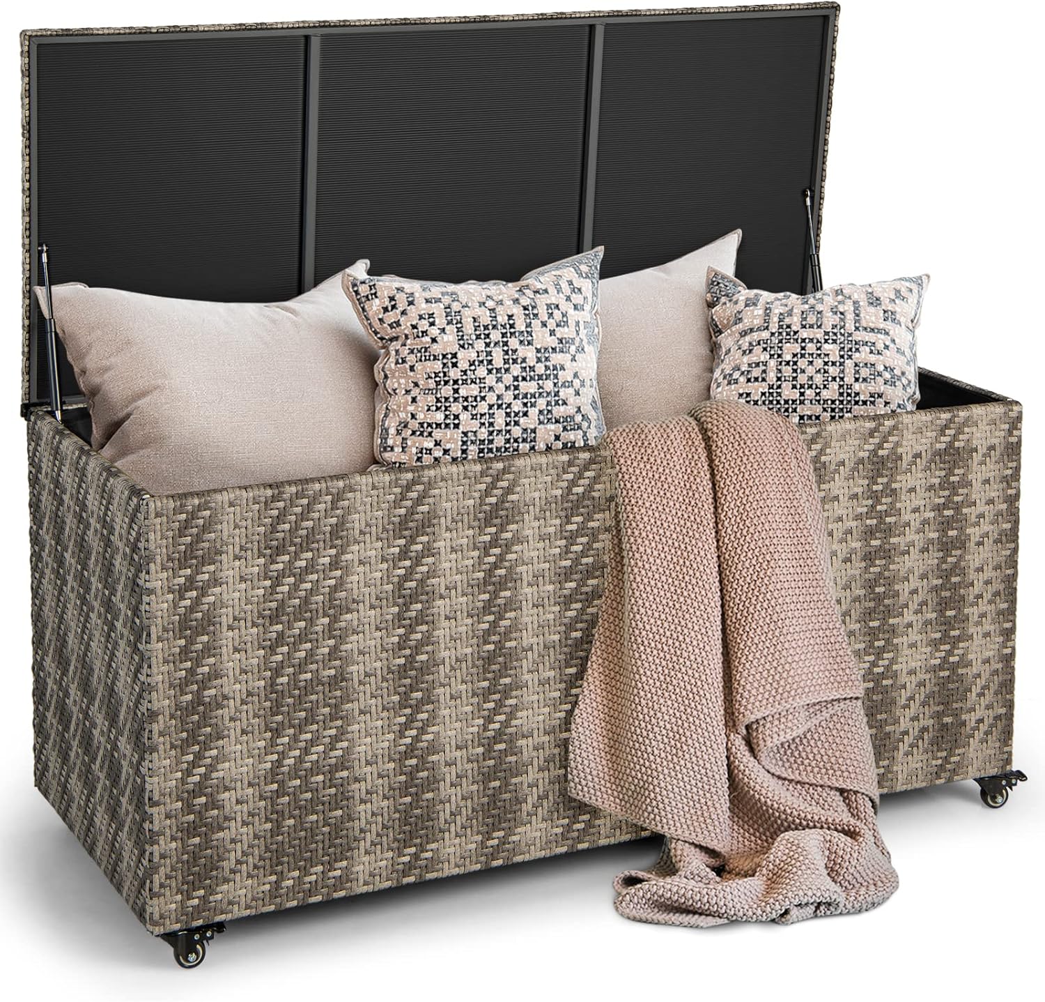 Giantex 96-Gallon Outdoor Storage Box - PE Wicker Deck Box with Lid, 4 Wheels, Waterproof Liner, outside Rattan Storage Container for Patio Cushions, Garden Tools Accessories Storage Box (Mix Gray)