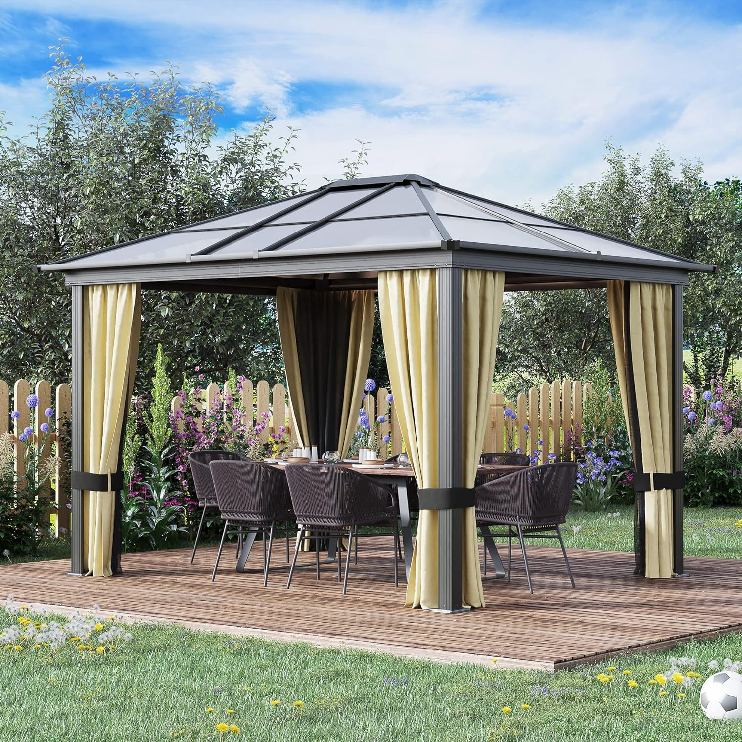 10' x 12' Hardtop Gazebo Canopy with Polycarbonate Roof, Aluminum Frame, Permanent Pavilion Outdoor Gazebo with Netting and Curtains for Patio, Garden, Backyard, Lawn, Deck