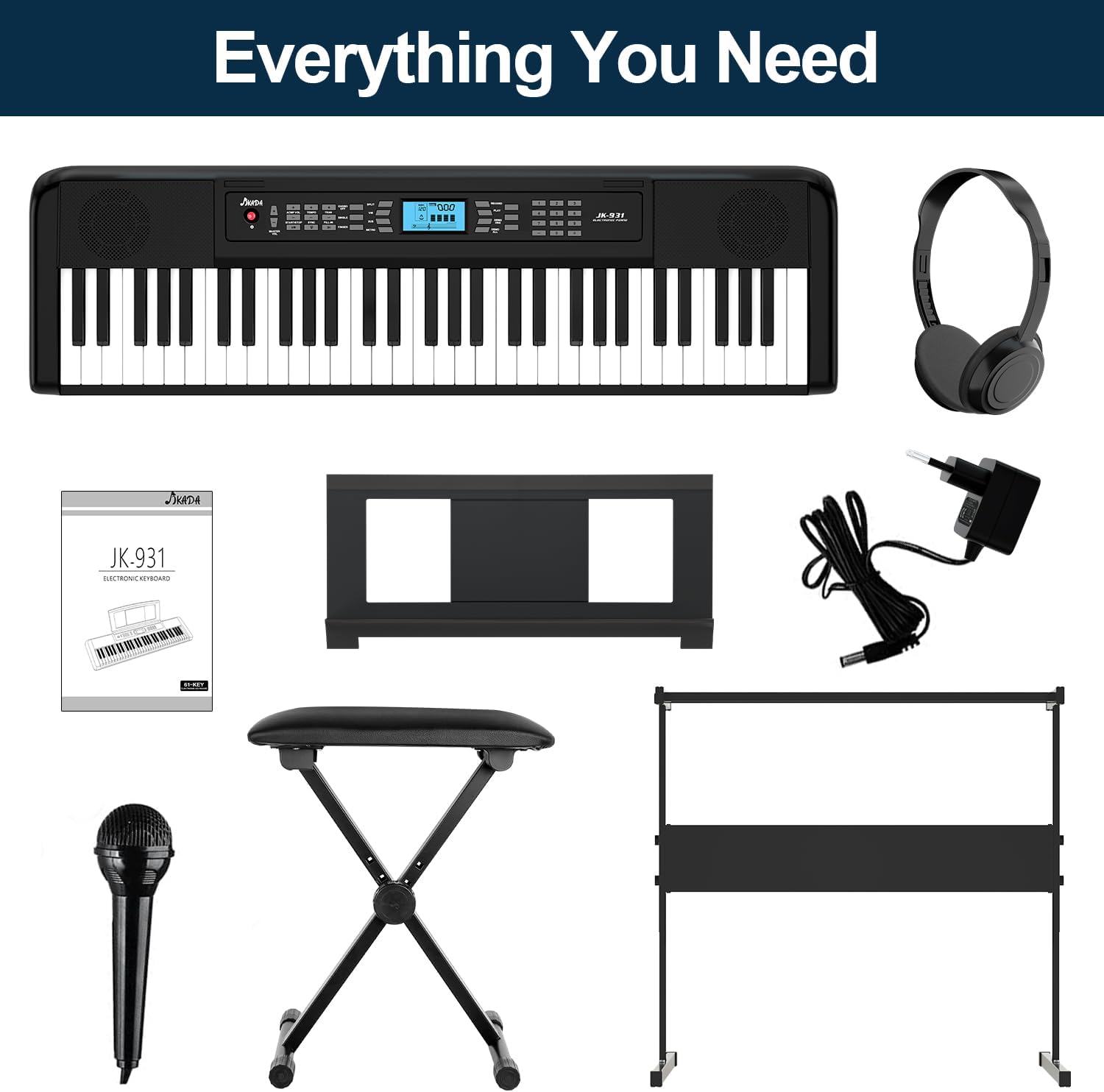 61 Key Keyboard Piano, Portable Electric Piano Keyboard w/LCD Screen, Built-In Speakers, Headphones, Stand, Stool, Music Rest, Microphone, 300 Timbres, 300 Rhythms