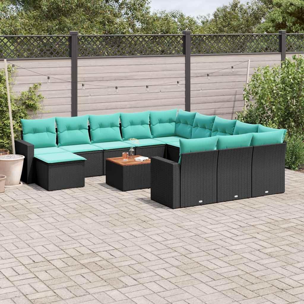 13 Piece Patio Sofa Set with Cushions, Black Poly Rattan Outdoor Furniture, Modular Design for Garden, Terrace, Balcony