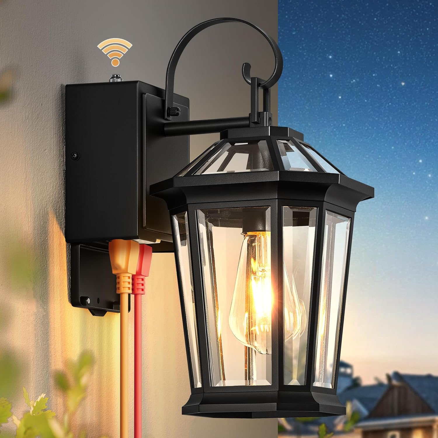 Black Dusk to Dawn Outdoor Light with GFCI Outlet, Modern Porch Lights Outdoor with Tempered Glass, Waterproof Anti-Rust Exterior Lighting Fixtures, Outside Wall Lights for Front Door,Garage,Backyard