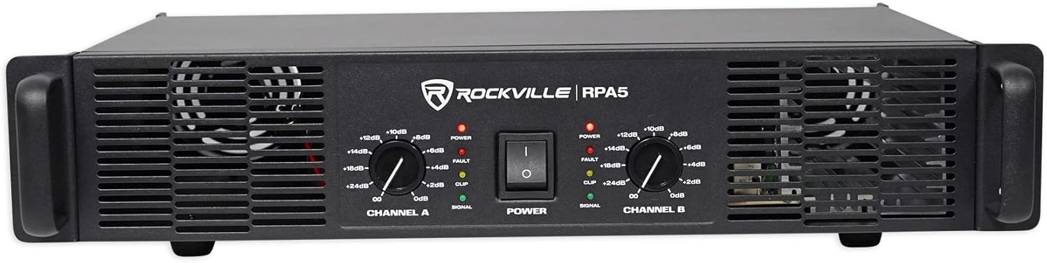 Rockville RPA5 2-Channel Power Amplifier, 200W RMS @ 4 Ohm, 1000W Peak, Stereo/Mono Switch, Built-in Crossover, for DJs, Live Sound, and Pro Audio