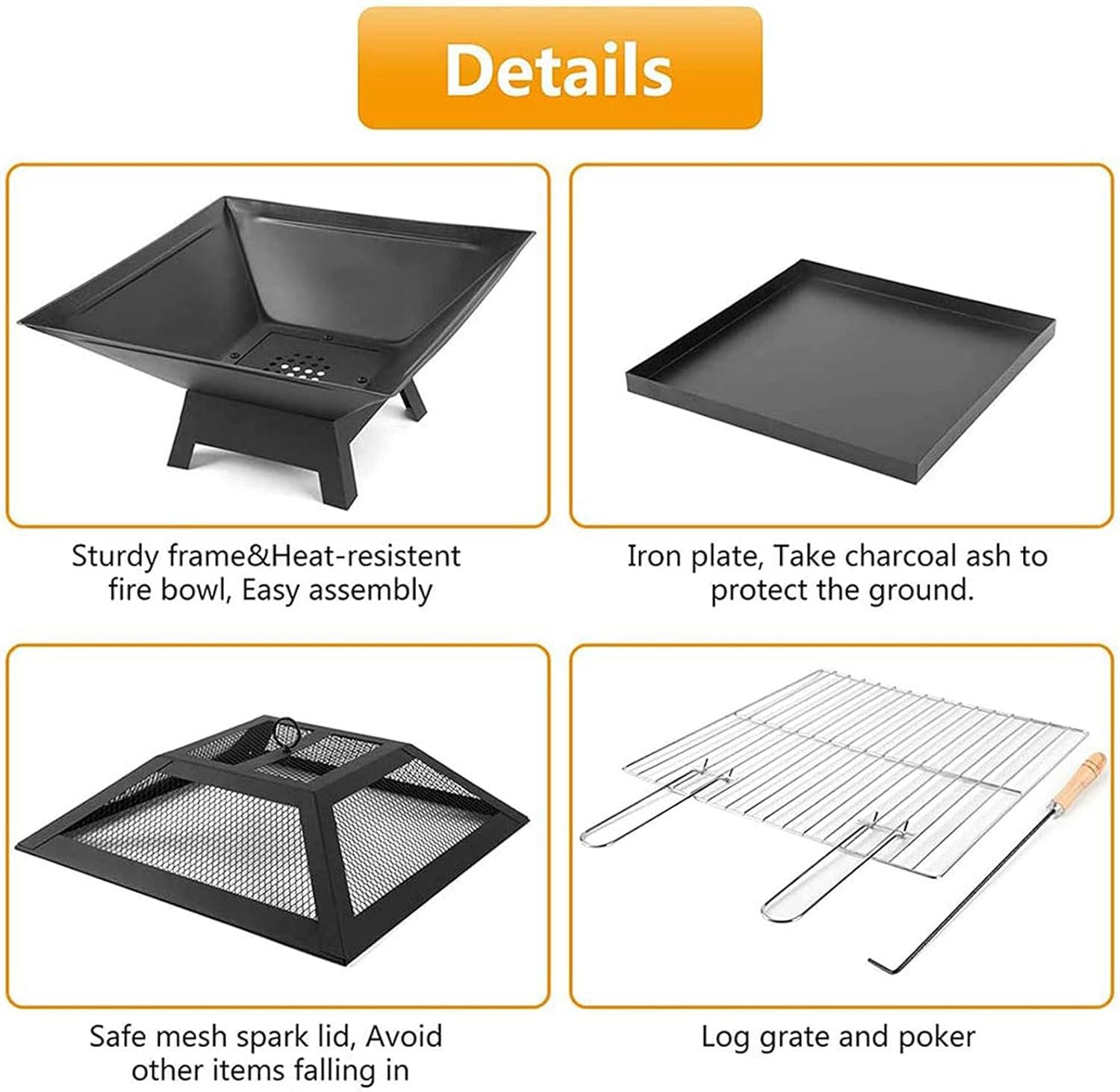 Wood Burning Fire Pit with Cooking & Grill, 18.5 Inch Outdoor BBQ Fire Pits with Spark Screen Fireplace Poker Fire Bowl