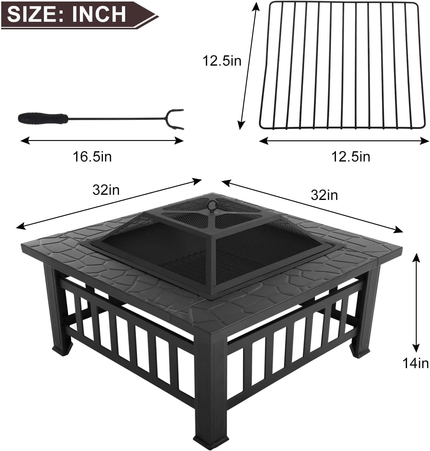 Fire Pit 32 inch Fire Pits for Outside Firepit Multi-Purpose Metal Fire Pit Outdoor Wood Burning Fire Pit Table with Spark Screen & Safety Poker for Camping, Picnic, BBQ, Backyard, Patio