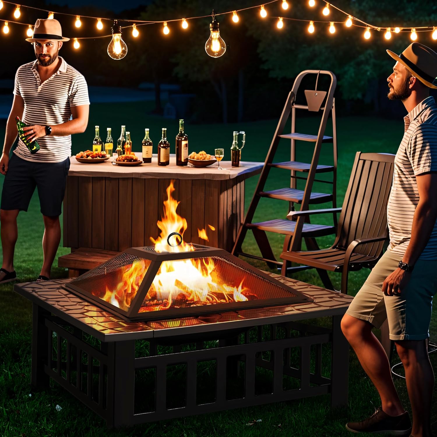 Greesum Multifunctional Patio Fire Pit Table, 32in Square Metal BBQ Firepit Stove Backyard Garden Fireplace with Spark Screen Lid and Rain Cover for Camping, Outdoor Heating, Bonfire, Dark Black