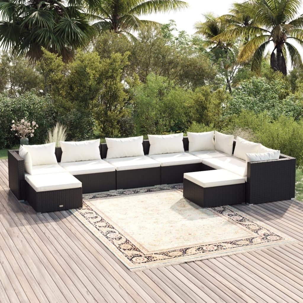 9 Piece Garden Lounge Set with Cushions Poly Rattan Black,Classic Rattan Patio Lounge Set with Cushions for Relaxation and Entertainment Furniture Sets for Patio, Lawn & Garden