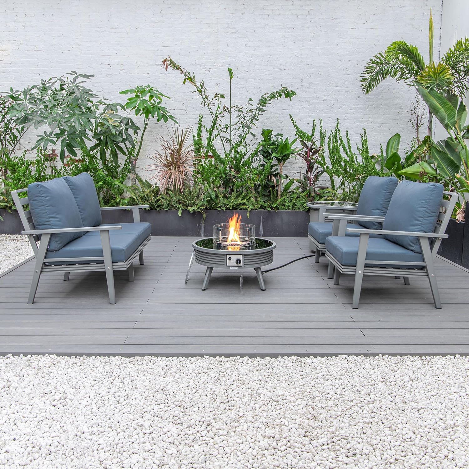 LeisureMod Walbrooke Modern Aluminum 5-Piece Patio Conversation Set with Outdoor Round Fire Pit Slats Design & Side Table Tank Holder, Navy Blue