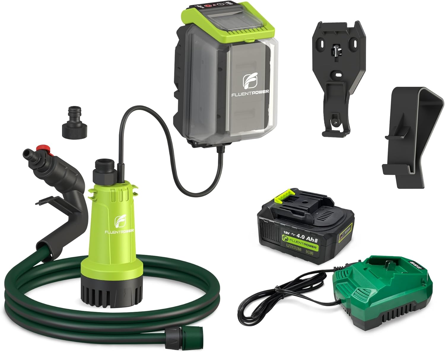FLUENTPOWER Cordless Submersible Water Pump Kit, 18V 4Ah Battery Operated 530GPH 66FT 2 Bar Portable Transfer Sump Pump with G3/4