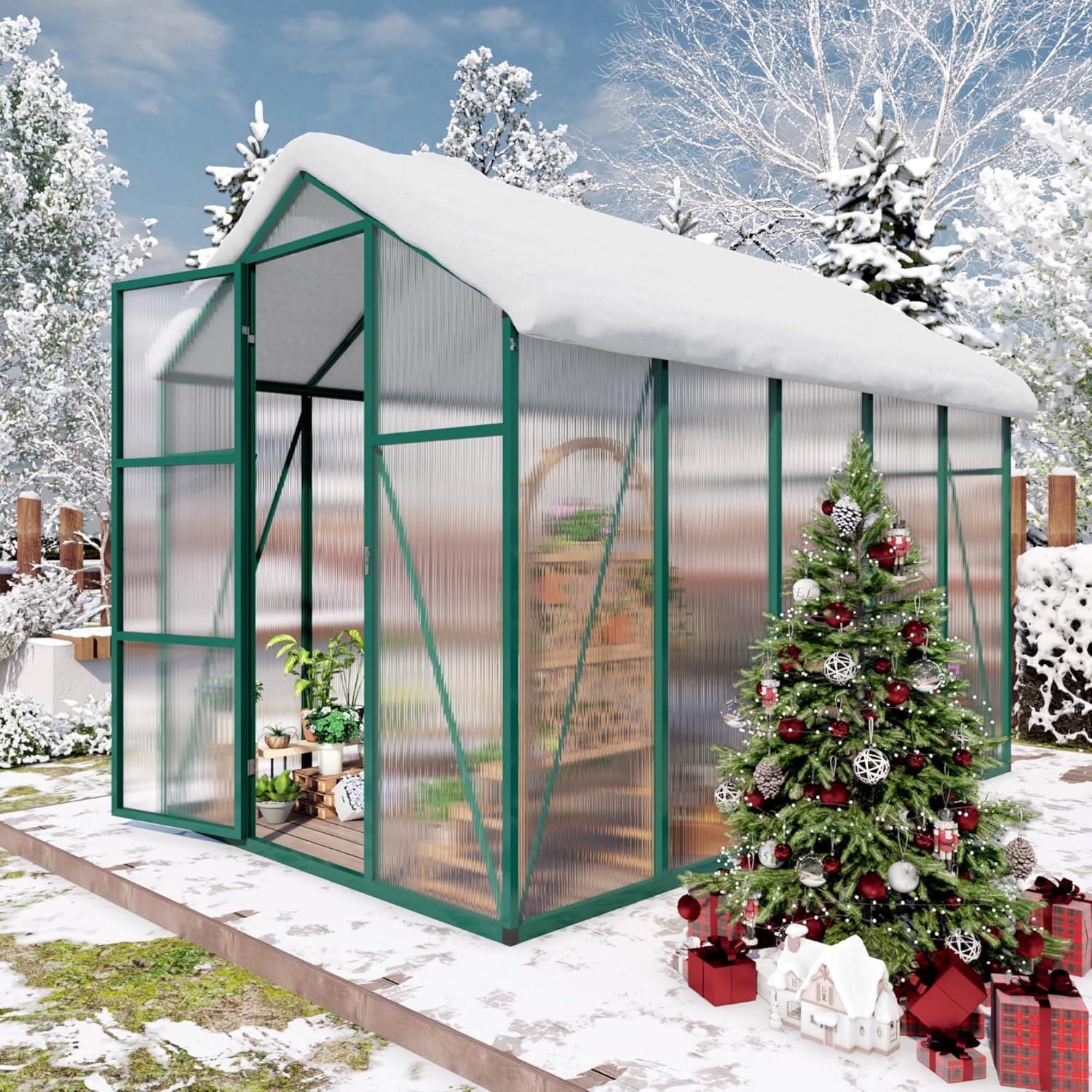 Greenhouse for Outdoors 6.1x10.1x7.2 FT, Polycarbonate Greenhouses with Roof Vent, Lockable Door and Ground Nails, Heavy-Duty Aluminum Walk-in Green House, Large Sunroom for Garden, Green