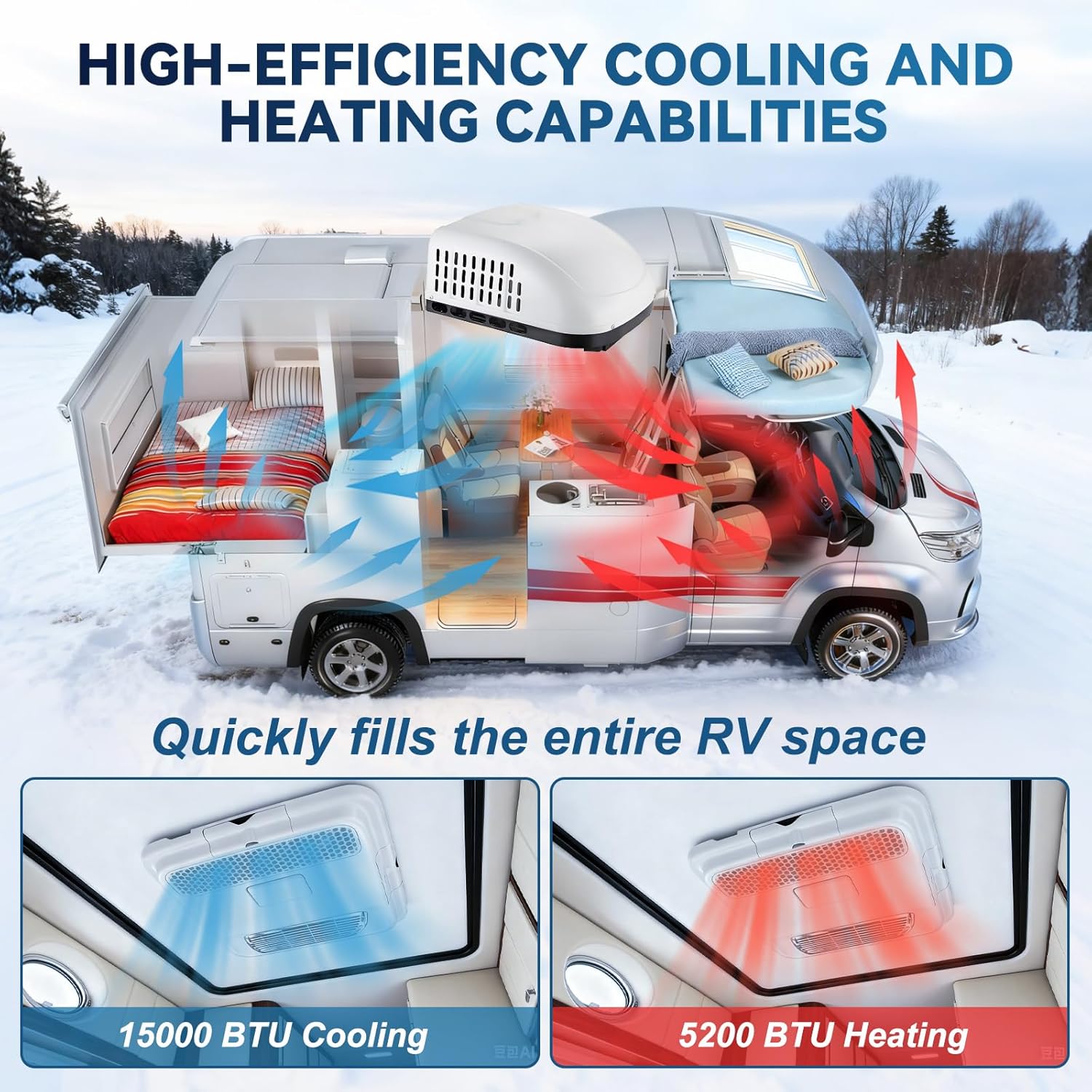 Rooftop RV Air Conditioner with Heat, 15000 BTU Cooling & Heating, 52 dB Ultra Quiet, Non-Ducted Easy Install for Camper Trailer Motorhome RVs Food Trucks, 115V, Scroll compressor