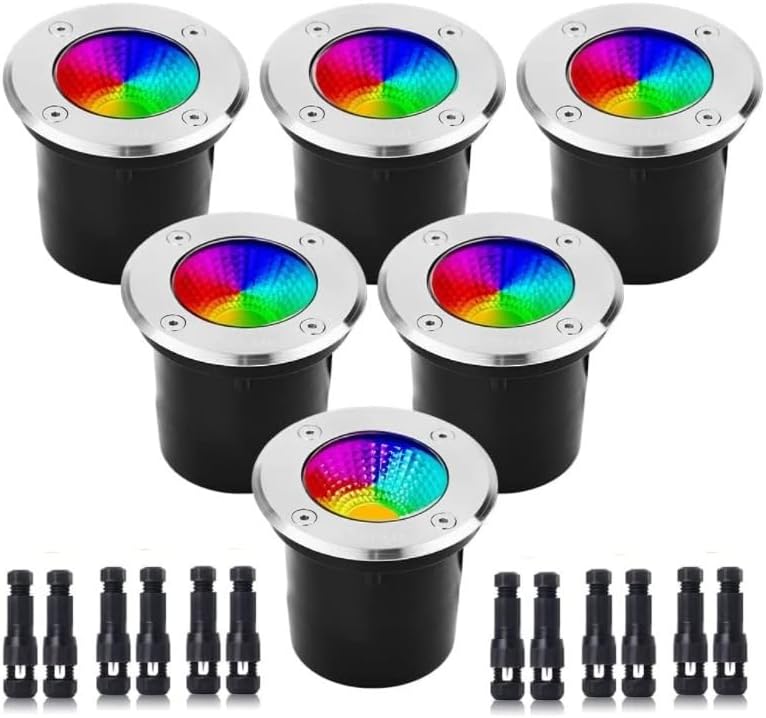6PCS Round Outdoor Underground Light - LED Landscape Lights, with RF Remote Controls Ground Spotlight, RGB 6W Recessed Spotlight, Outdoor Color Changing COB Light(12V)