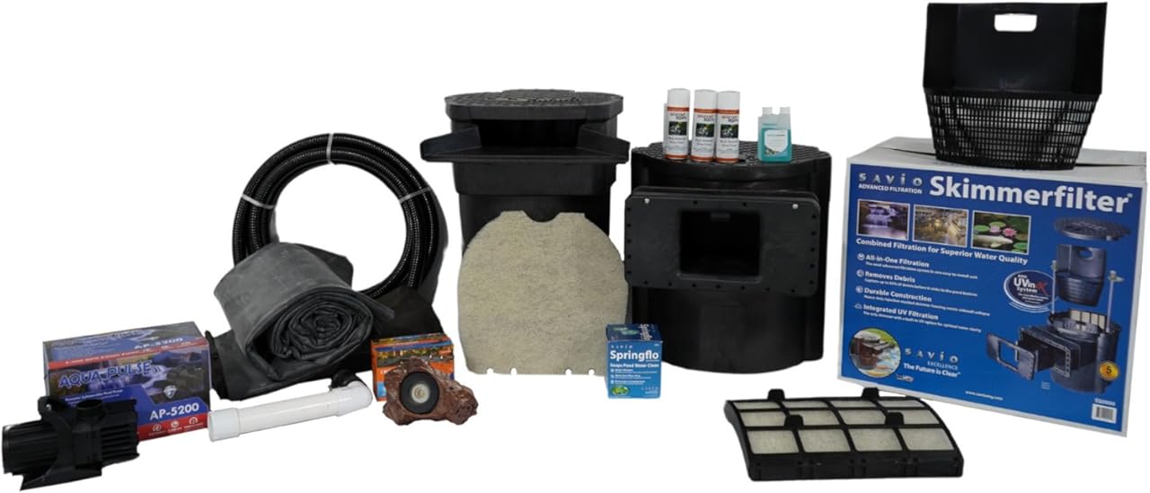 HALF OFF PONDS Savio Signature 5,200 GPH Submersible Pump Pond Kit 20' x 30' EPDM Rubber Pond Liner, Waterfall Filter, Skimmer, Lighting & Plumbing Koi Pond Kit, Backyard Water Garden