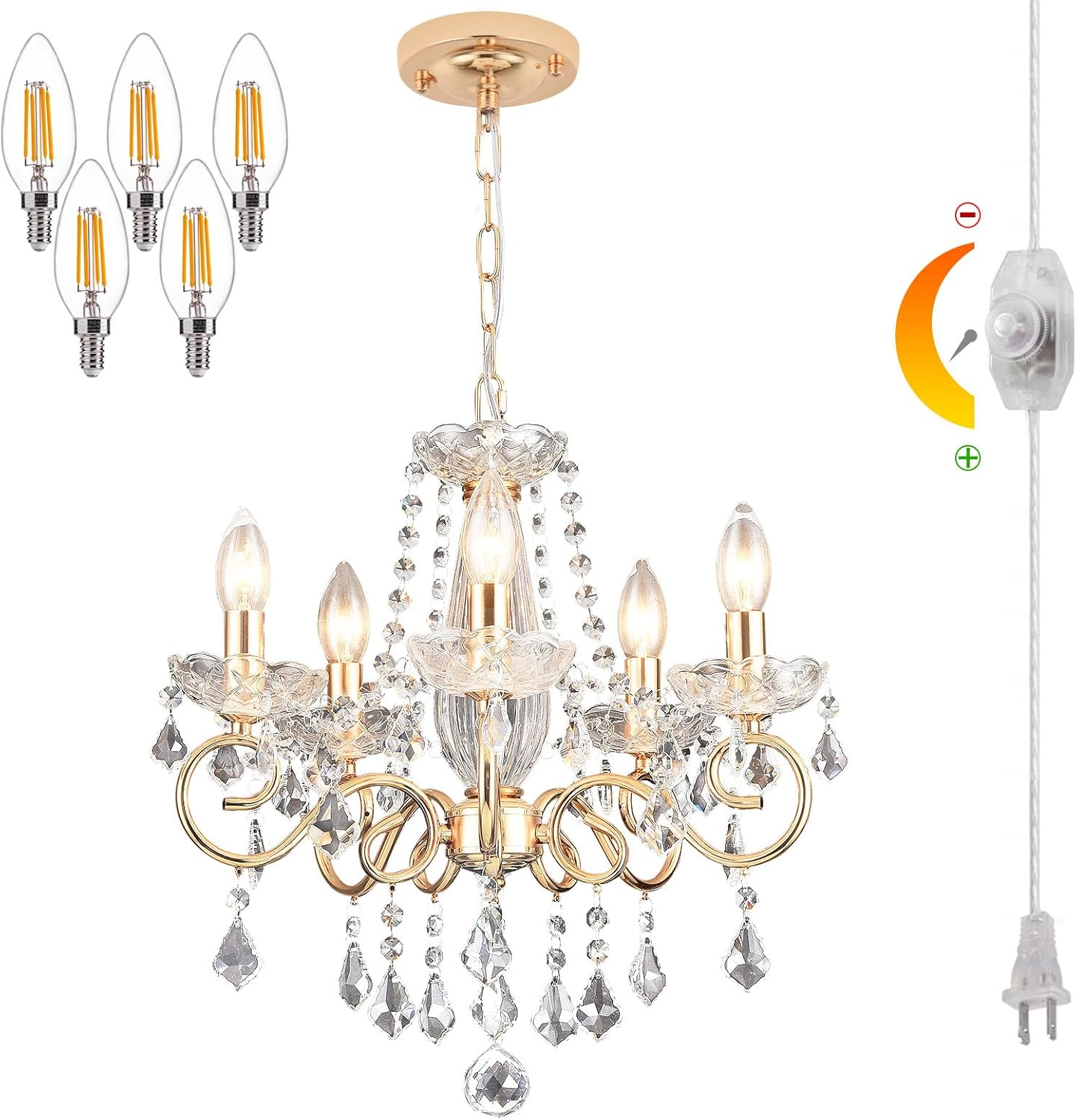 DIMMABLE Plug in Crystal Chandelier 5 Light (Bulbs Included), Champaign Gold Hanging Pendant Light Fixture with 19.68ft Long Cord, K9 Crystal Ceiling for Dining Room, Living Room, Entryway, Kitchen