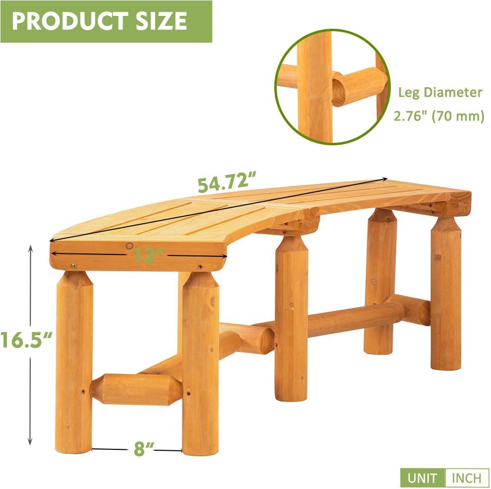Outdoor Wooden Curved Backless Porch Bench Rustic Style Cedar/Fir Wood Log Fire Pit Bench for Patio Garden Deck and Backyard, 40