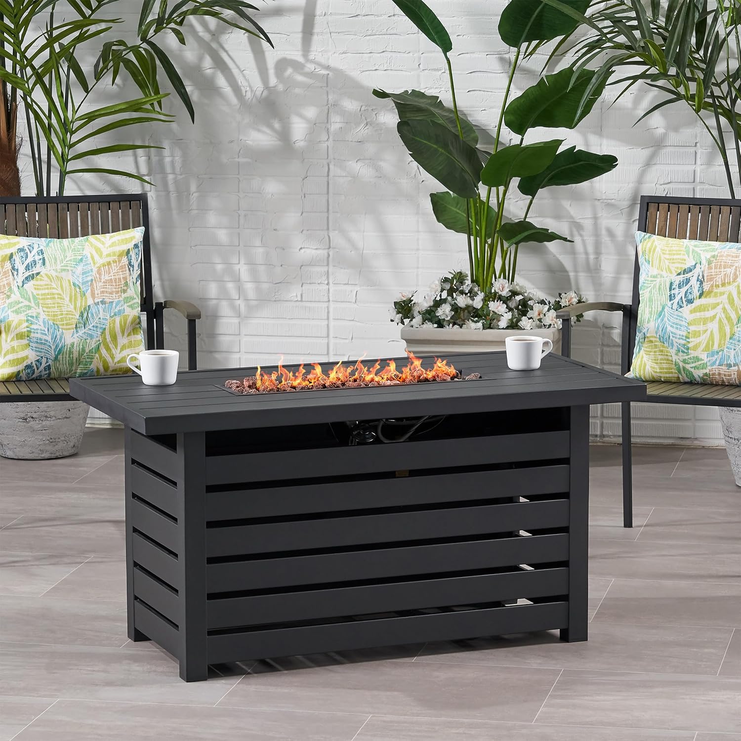 Rectangular Propane Fire Pit - 30,000 BTU, Black Iron, Outdoor Fireplace for Patio, Backyard, Garden - Easy Assembly