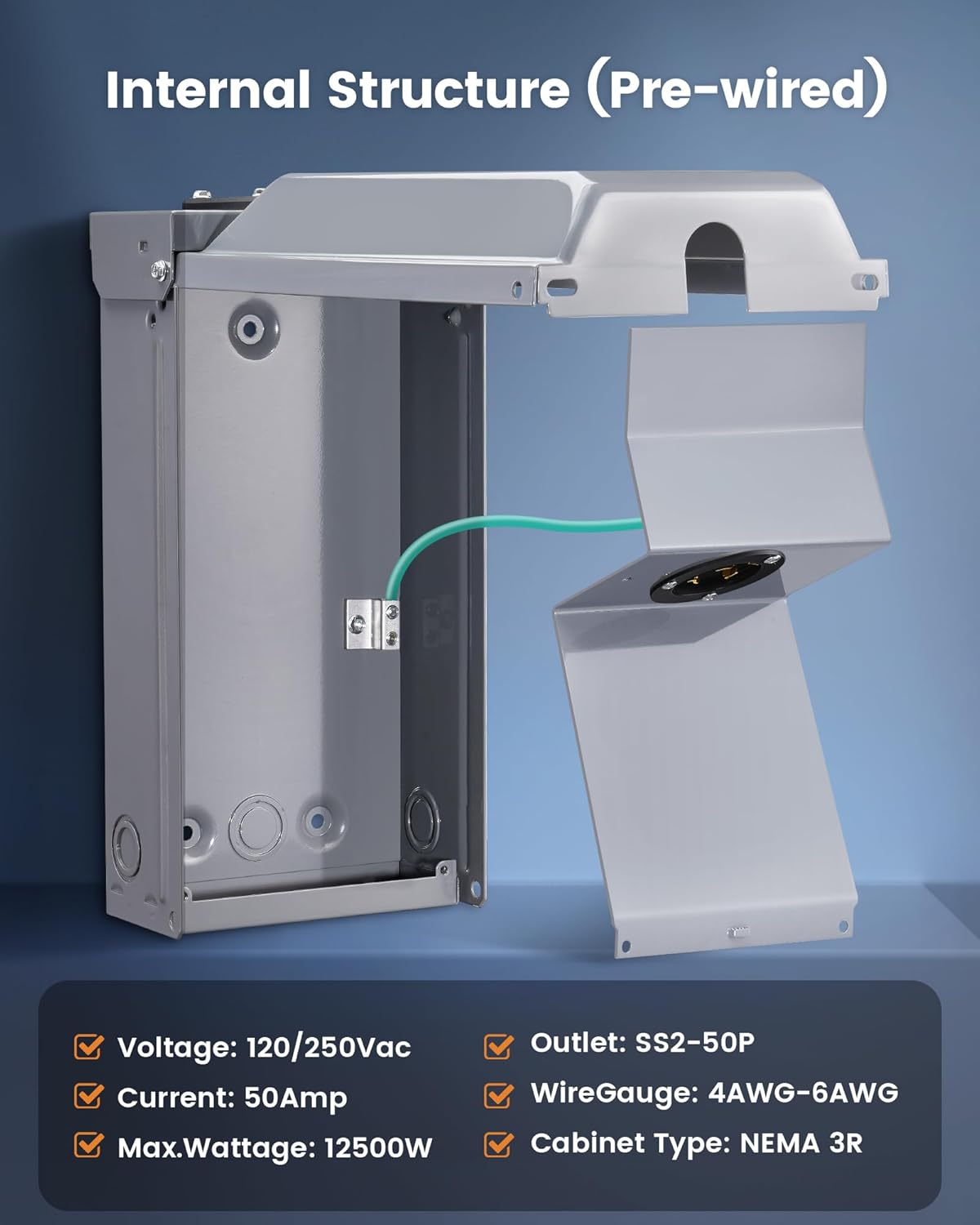 SURAIELEC 50 Amp Generator Power Inlet Box, NEMA SS2-50P Generator Box for 3-Prong Generator Cord, 120/240V, 12000W Weatherproof Outdoor Outlet Receptacle