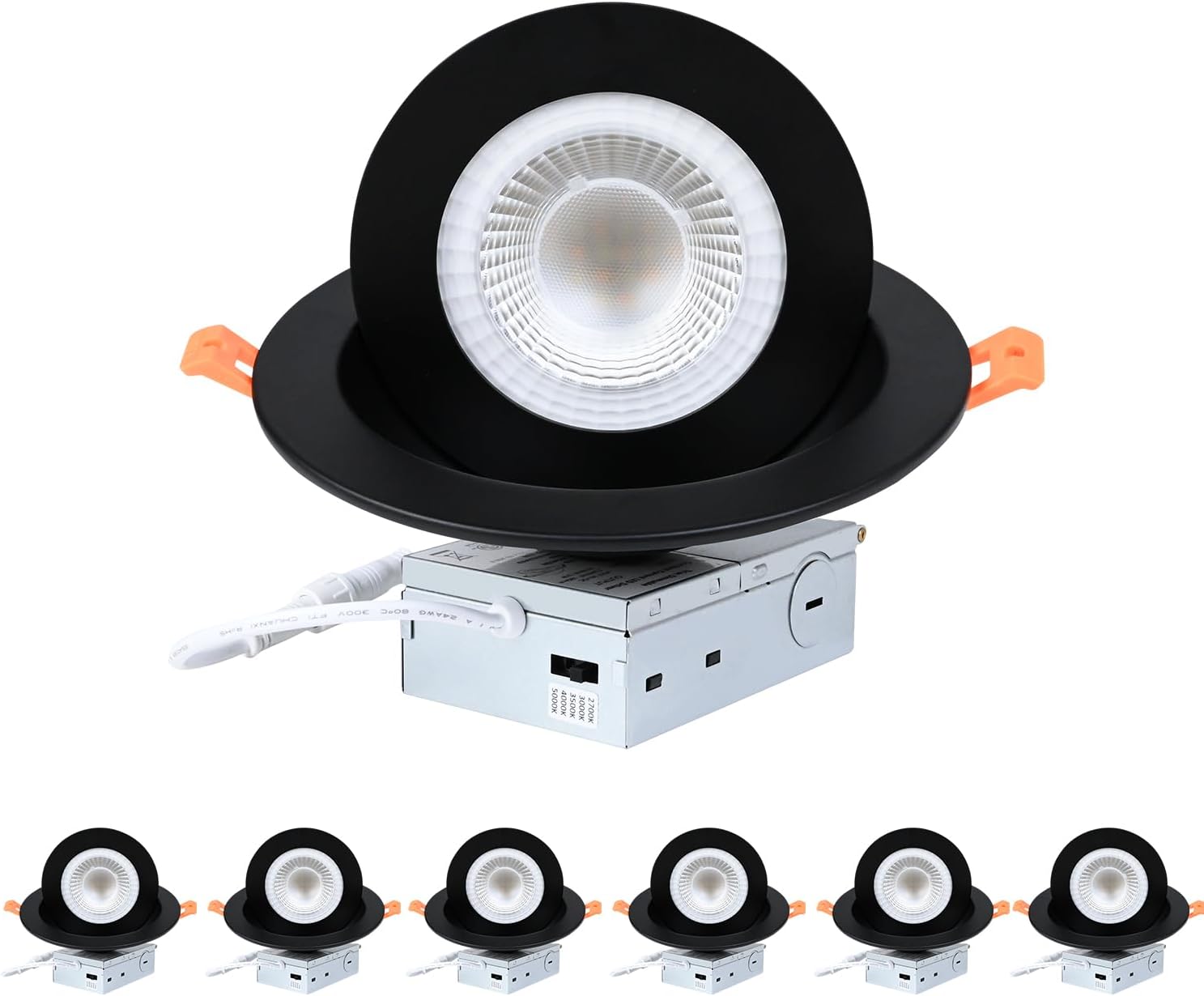ZYC Gimbal LED Recessed Lighting - 6 Inch 5CCT 12W 360° Rotation Adjustable Eyeball Light,LED Swivel Spotlight,Directional Sloped Ceiling Light,Dimmable Canless Wafer Downlight Pack of 6 Black.