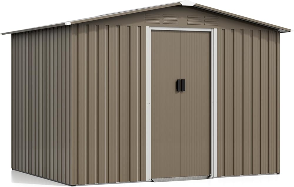 Kurapika 8×6 FT Metal Outdoor Storage Shed Large Tool Shed with Floor, Lockable Door, for Garden, Patio, Backyard, Lawn(Brown)