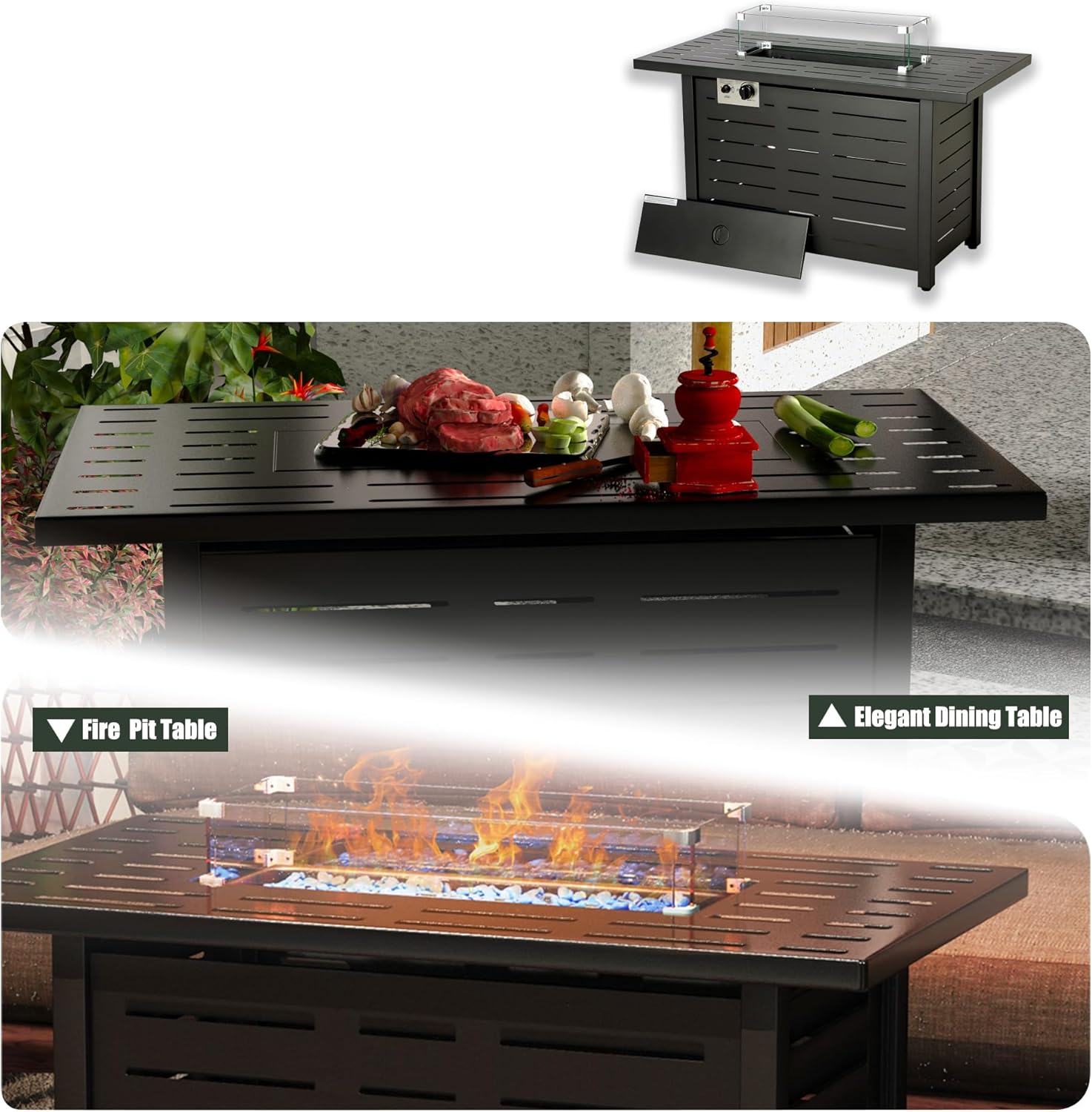 43 Inch Propane Fire Pits, Fire Pit Table, 50,000 BTU Outdoor Gas Fire Pit Included Glass Wind Guard, Steel Lid and Lava Rocks for Patio Garden, Black