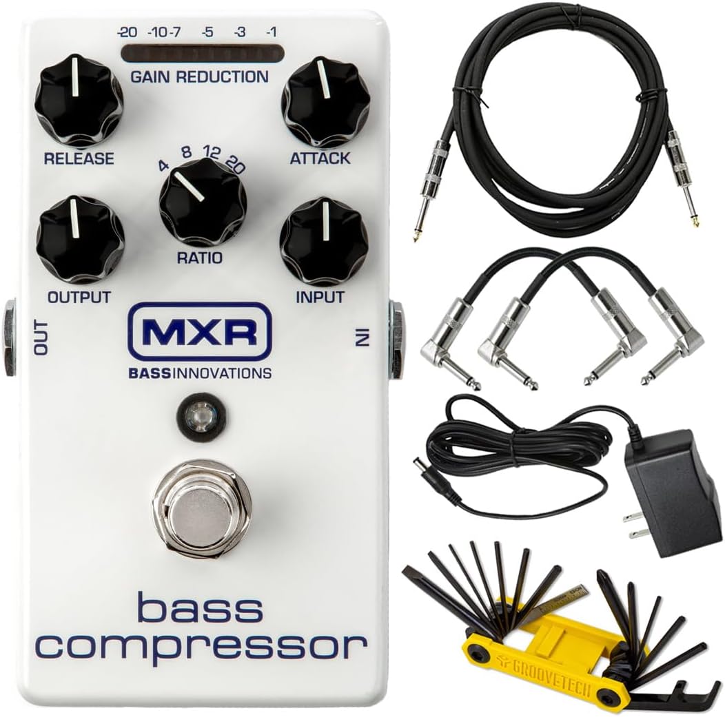 MXR M87 Bass Compressor Effects Pedal with Tonebird Deluxe 9V Power Supply, Patch & Instrument Cable, Multi-Tool Bundle