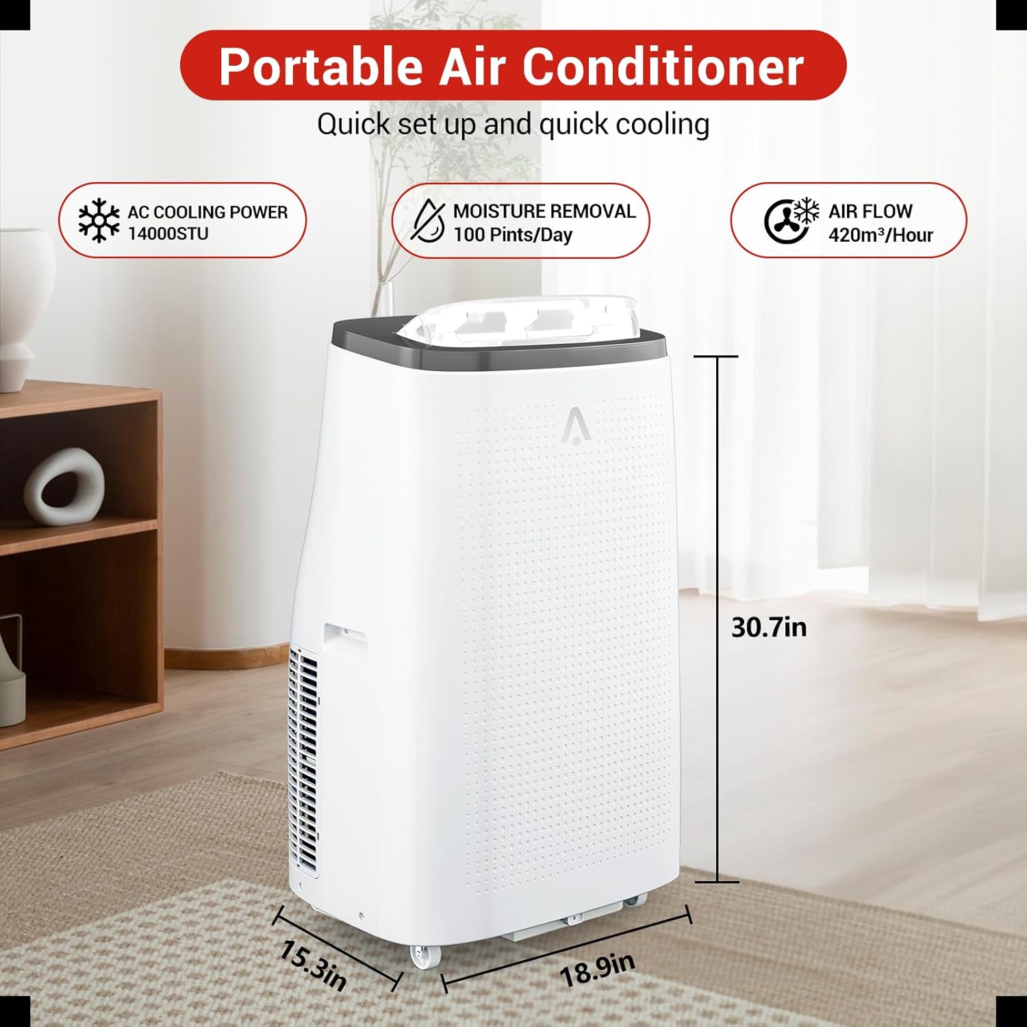 Portable Air Conditioners, 14,000 BTU for Rooms Up to 750 Sq.Ft, 4-In-1 AC With Dehumidify Mode, Remote Control, Low Noise, Dark Grey