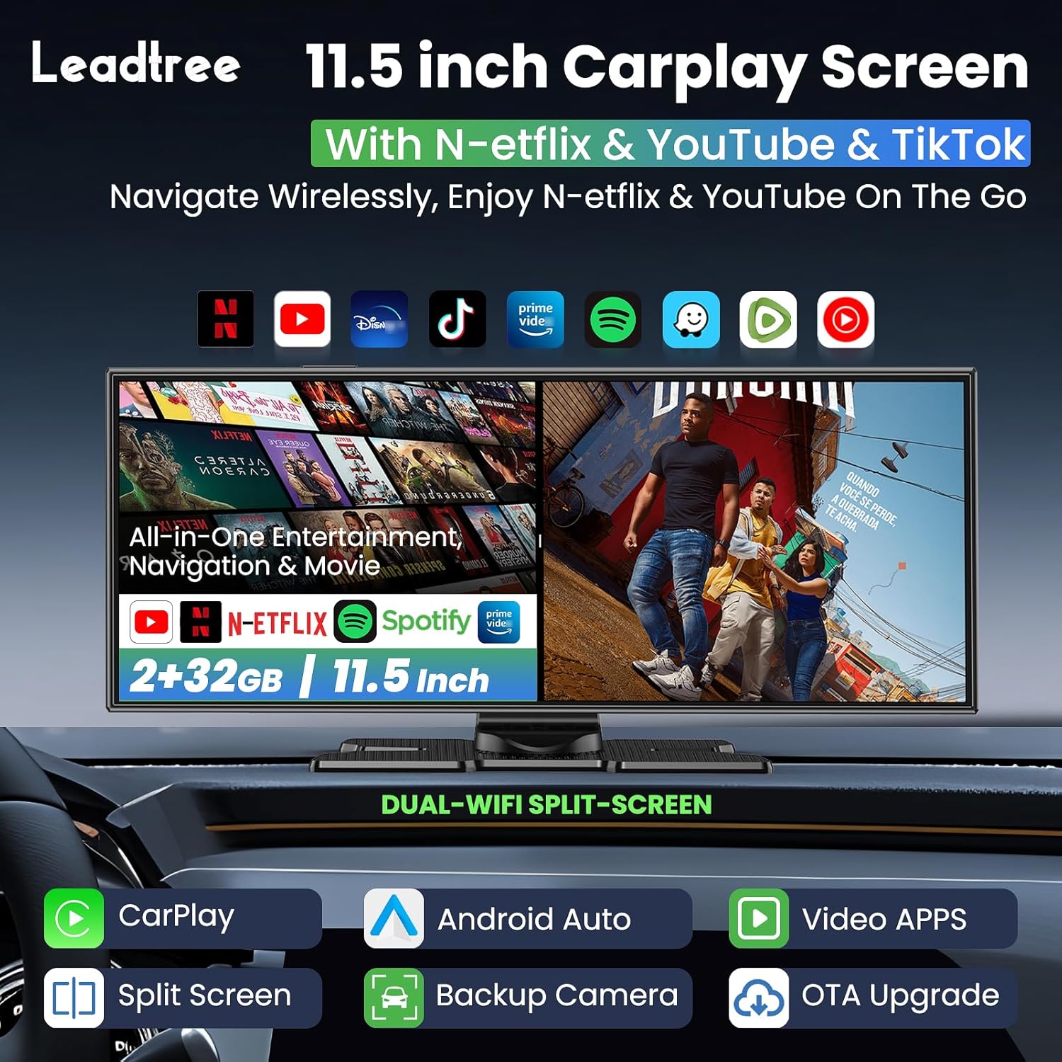 Largest 11.5 inch Wireless CarPlay Screen for Car,Built-in N-etflix/YouTube/TikTok and other apps,A-pple CarPlay & Android Auto screen with1080P Backup Camera/Navigation/Voice Control,for All Vehicles