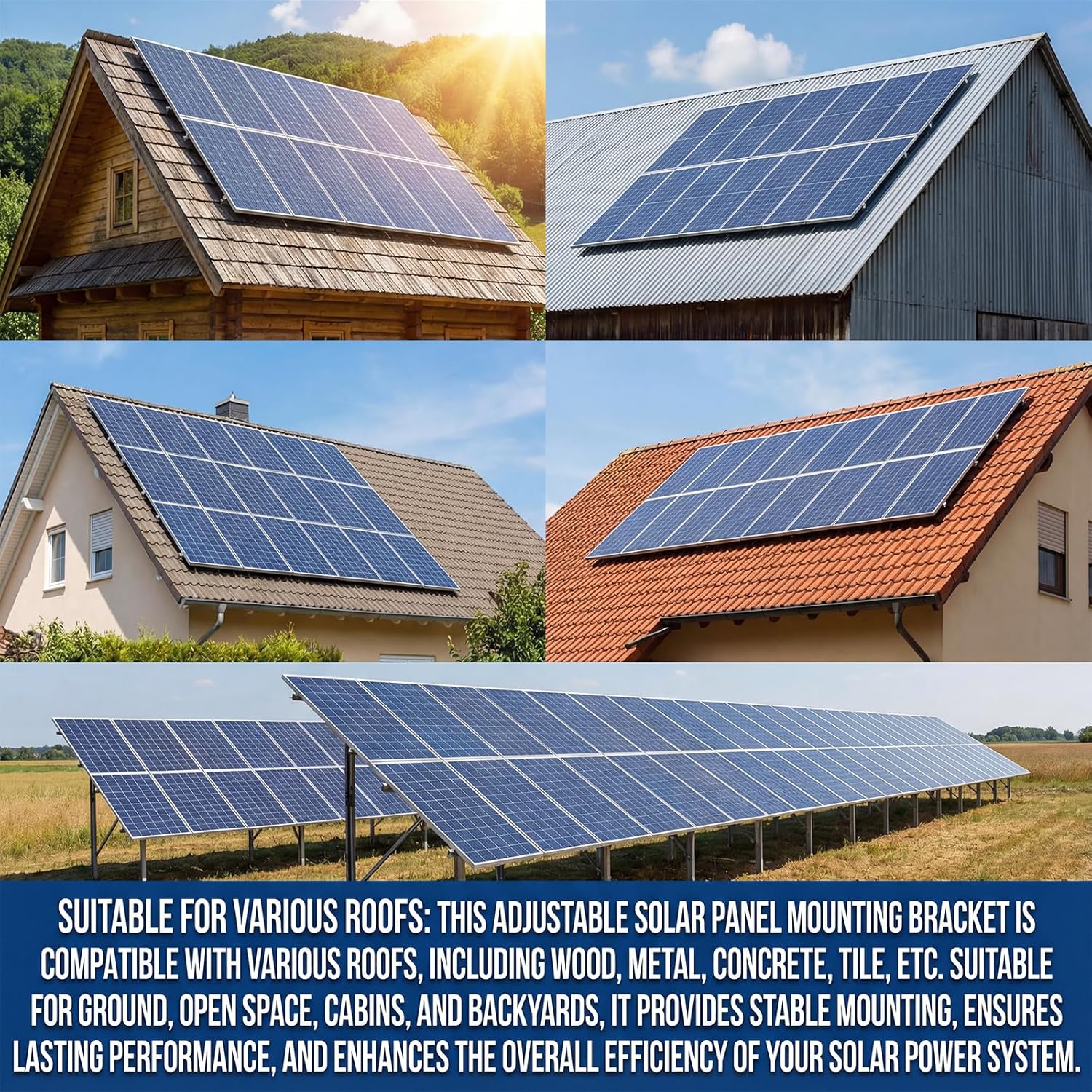 Solar Panel Mounting Brackets, Solar Panel Mounting Kit for 6 Solar Panels, with Clamps, L-Brackets, Includes 12 x 47 inches Rails, Suitable for Metal Roof, Concrete Roof, Wooden Roof, Tile Roof