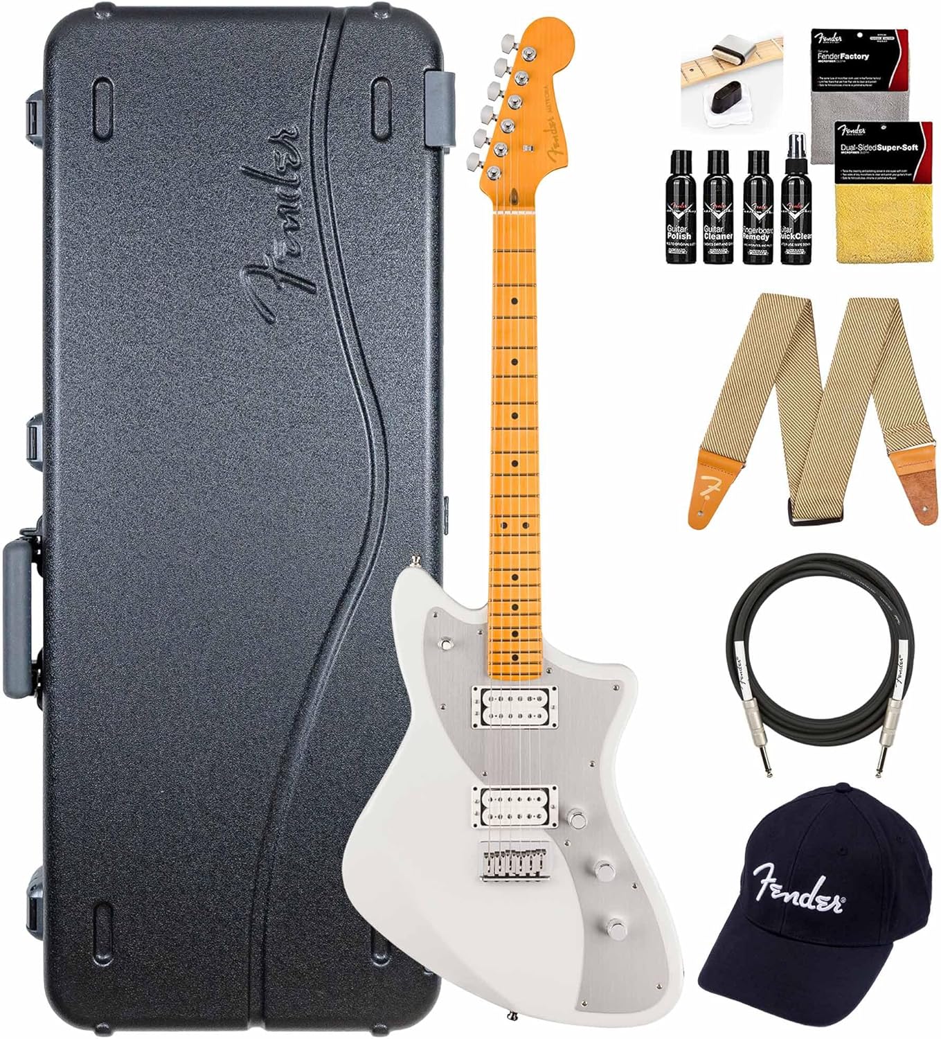 Fender American Ultra II Meteora - Avalanche Bundle with Case, Strap, Cable, Hat, and Guitar Cleaning Kit