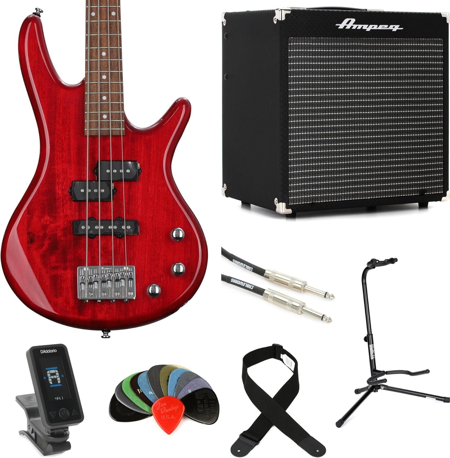 Ibanez miKro GSRM20 Bass Guitar Transparent Red and 30-Watt Bass Combo Amp Essentials Bundle with Stand, Strap, Clip-On Tuner, Cable and Picks