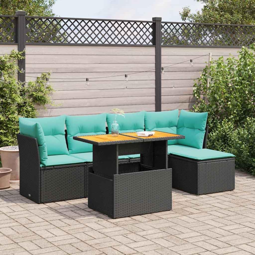 6 Piece Patio Sofa Set with Cushions, Black Poly Rattan Outdoor Furniture with Adjustable Table, Storage, Balcony Dining Set