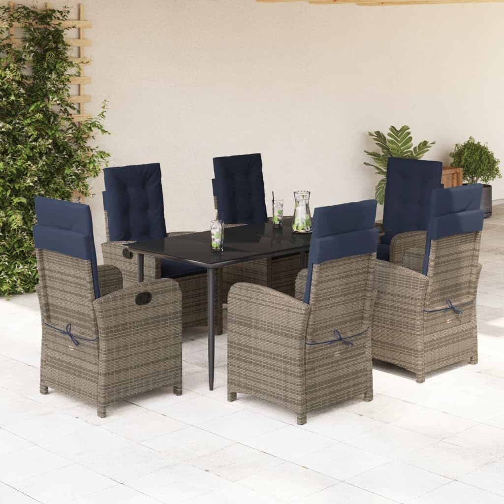 7 Piece Patio Dining Set with Cushions Gray Poly Rattan,Ultimate Outdoor Comfort: Adjustable Rattan Garden Dining Set for Patio and Backyard Furniture Sets for Patio, Lawn & Garden