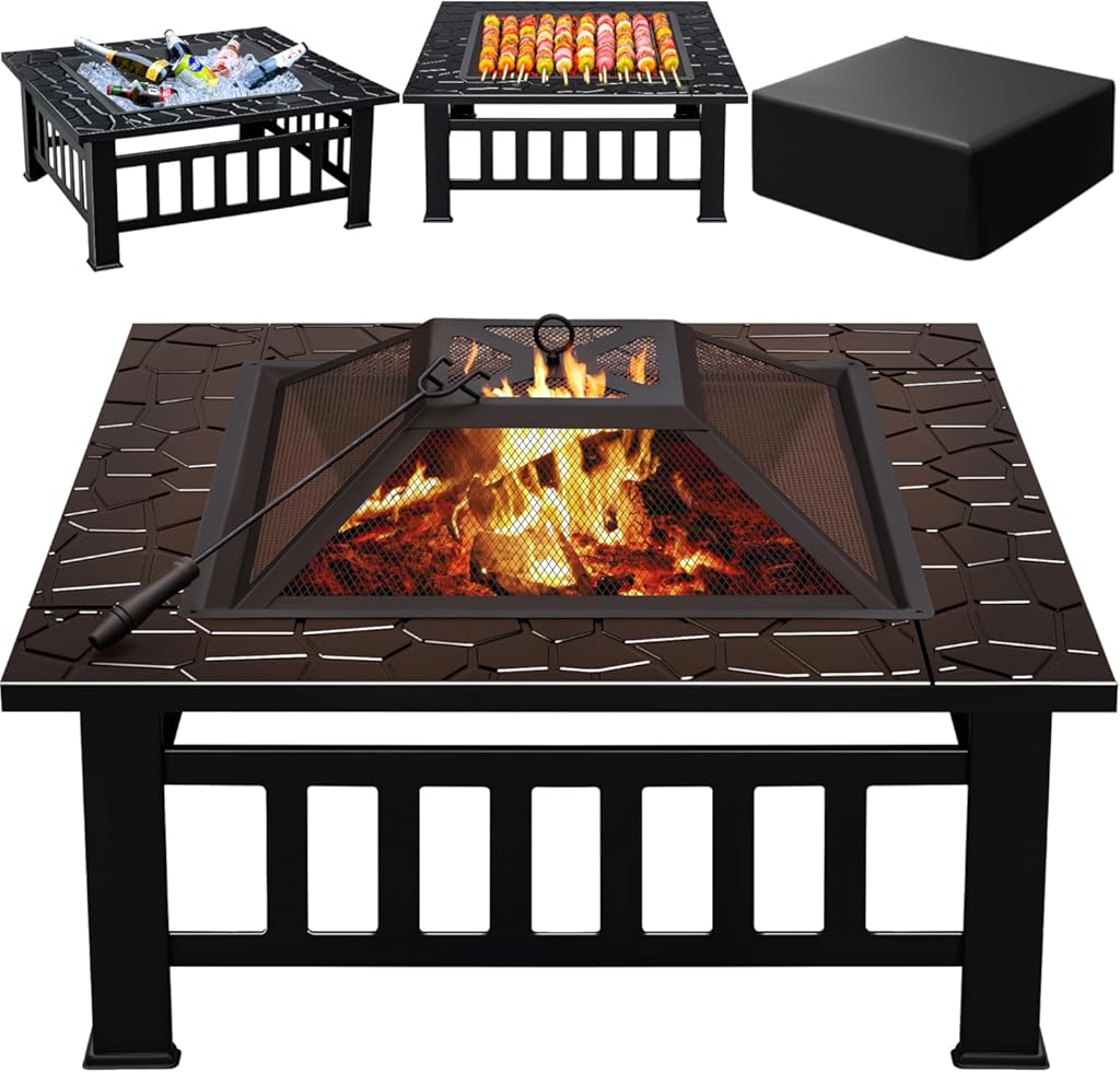 Greesum Multifunctional Patio Fire Pit Table, 32in Square Metal BBQ Firepit Stove Backyard Garden Fireplace with Spark Screen Lid and Rain Cover for Camping, Outdoor Heating, Bonfire and Picnic, Black