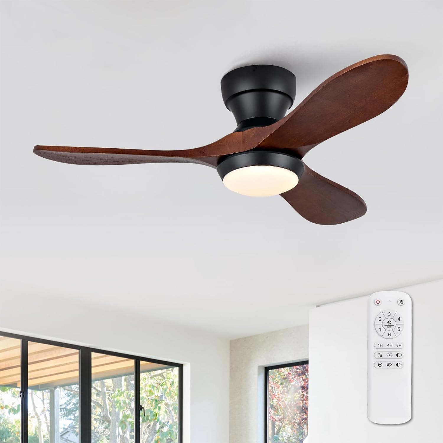 36 Inch Wood Flush Mount Ceiling Fans with Lights and Remote, Dimmable 3 Blade Wood Bedroom Ceiling Fan with Lights Low Profile Ceiling Fans with Light Outdoor Ceiling Fan for Patios Bedroom