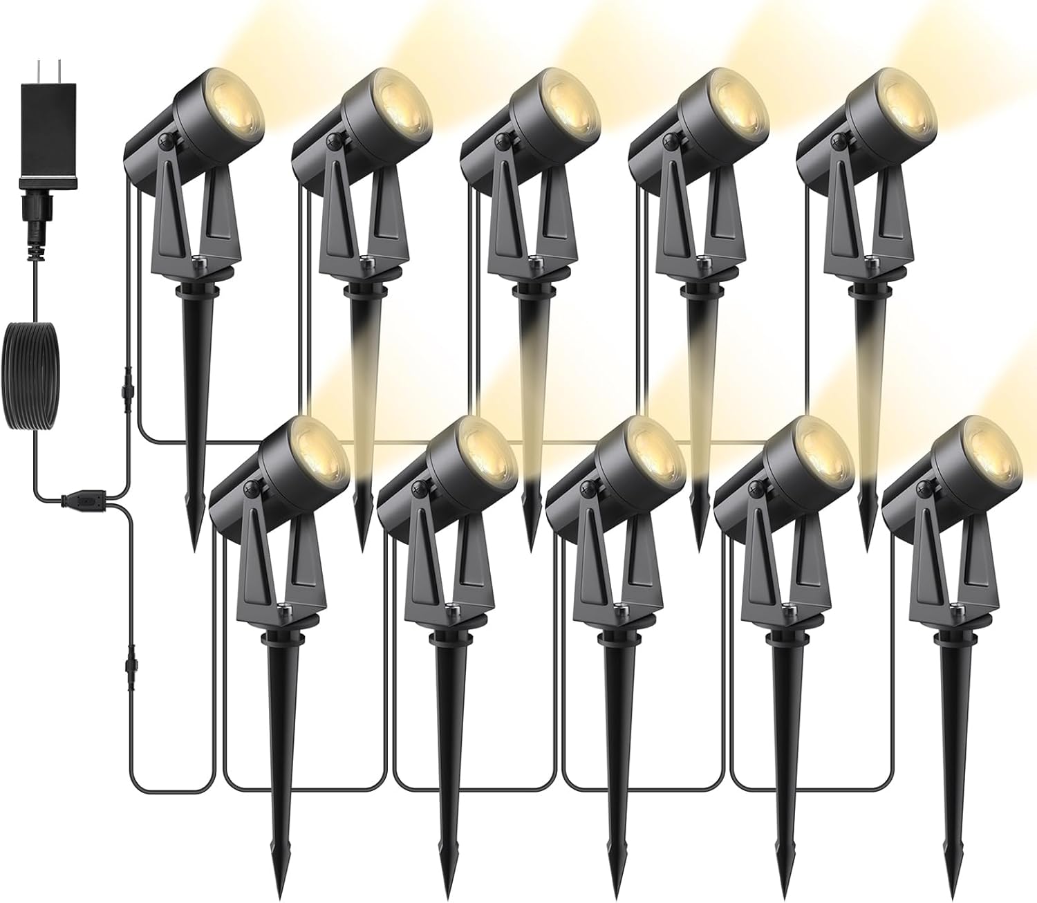 Svater Landscape Lighting Low Voltage, 10 Pack Outdoor Spotlights with Transformer, Plug in LED Spot Lights for Garden, Backyard, House, 3000K Warm White Super Bright 3W 250Lumem, Black