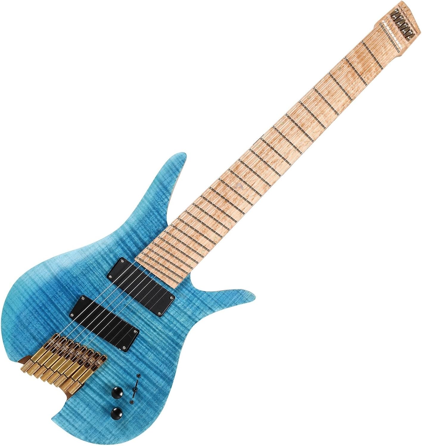 8-String Fanned Frets Headless Electric Travel Guitar - Blue Ash Wood With Flame Maple Veneer