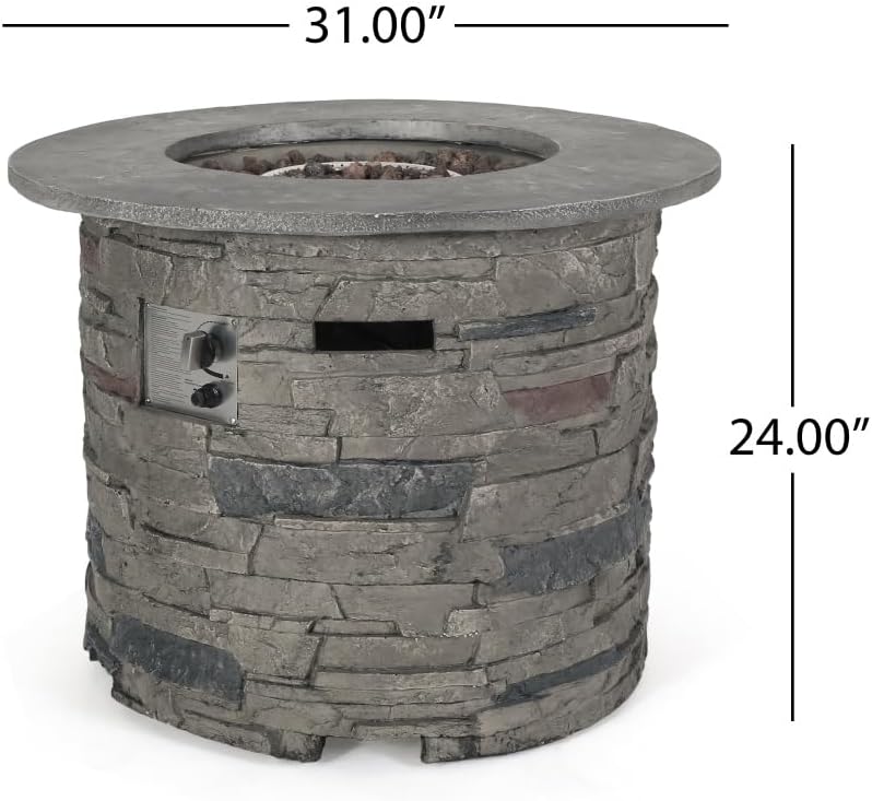 40000BTU Outdoor Propane Fire Pit Table– 31″ Round Weather‑Resistant Concrete Look Fire Table with Lava Rocks, Covered Tank Storage & Push‑Button Ignition for Patio Backyard Gatherings