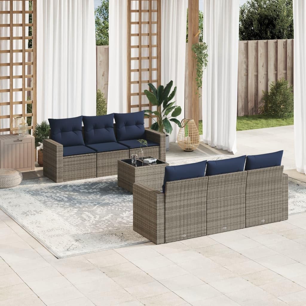 7 Piece Patio Sofa Set with Cushions, Gray Poly Rattan Outdoor Furniture, Modular Design with Tempered Glass Tabletop, Balcony Garden Dining