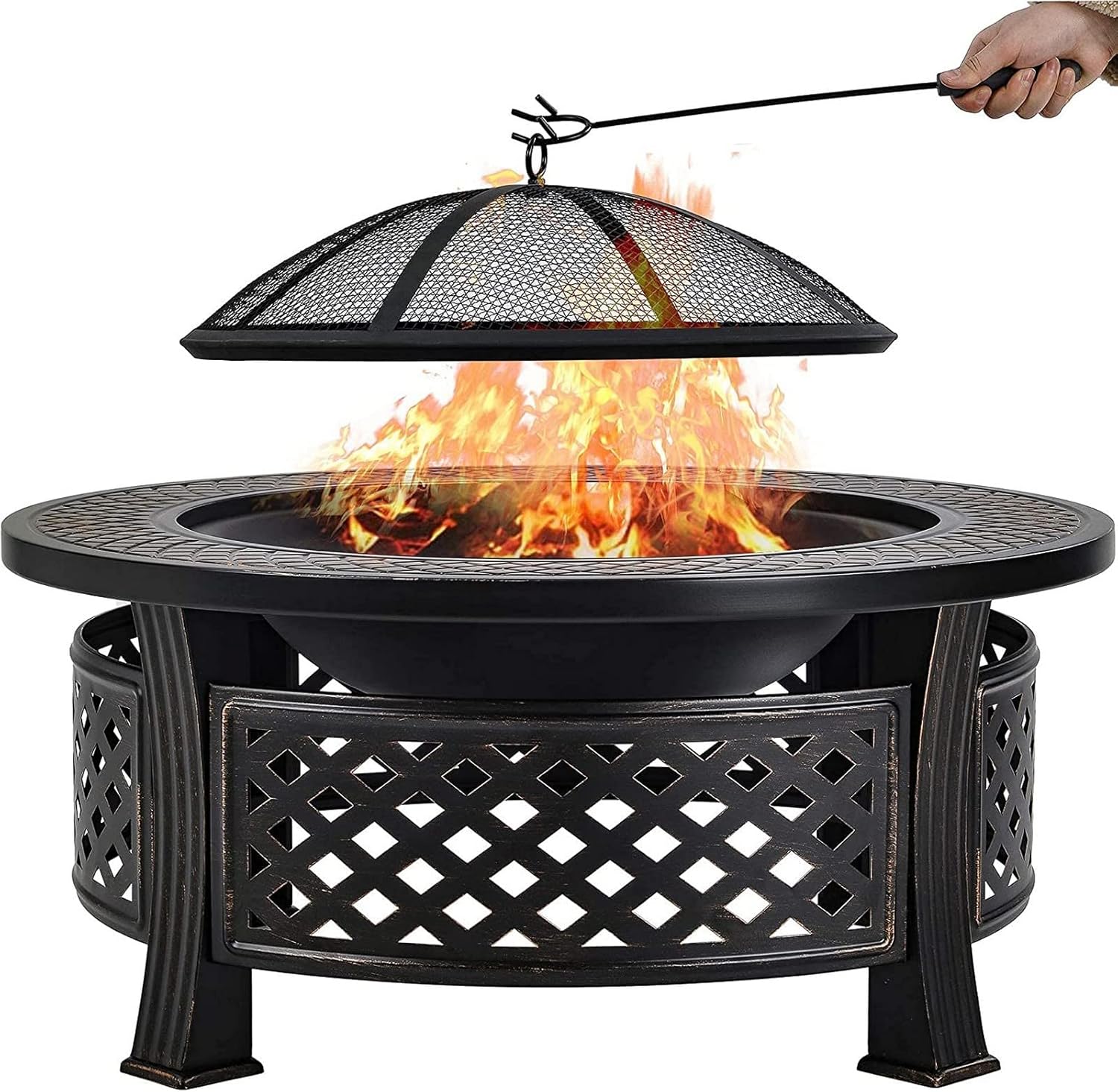 Garden Fire Pit Outdoor Fire Pit, Metal Fire Bowl with Charcoal Fork/Charcoal Grid/Mesh Cover, Grill Camping Bonfire Grill Barbecue Rack