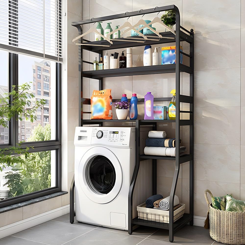 5 Tier Drum Washing Machine Storage Rack With Hanger Rail For Laundry Room Multi Functional Over The Washer And Dryer Cabinet With Metal Frames(E-100Cm)
