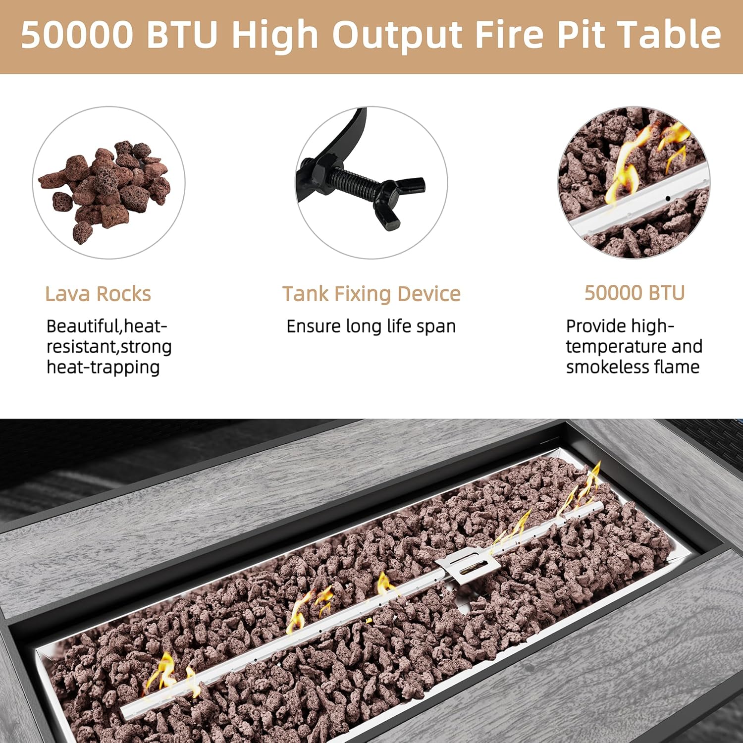 45 Inch Propane Fire Pit Table, 50,000 BTU Outdoor Gas Fire Pit for Patio & Backyard, Rectangular Firepit Table with Lava Rocks, 2-in-1 Convertible Outdoor Table, Grey